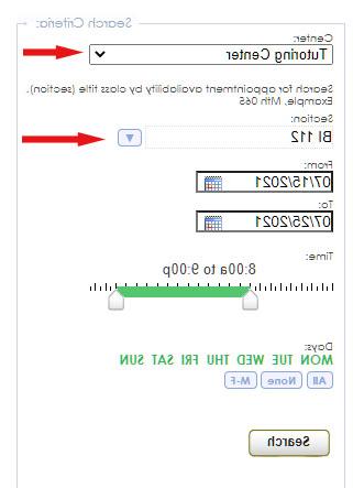 screenshot of TutorTrac search options